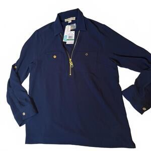 Michael Kors Women's Large Navy Blue Long Sleeve Blouse with Gold Zipper